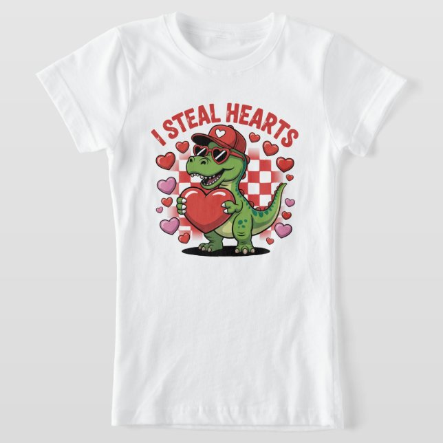 Retro Valentine Dinosaur Holding Heart TEE, Cute I T-Shirt (Laydown)