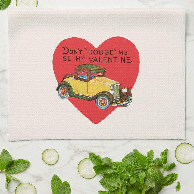 Retro Valentine, Don't Dodge Me, Be My Valentine! Kitchen Towel (Folded)