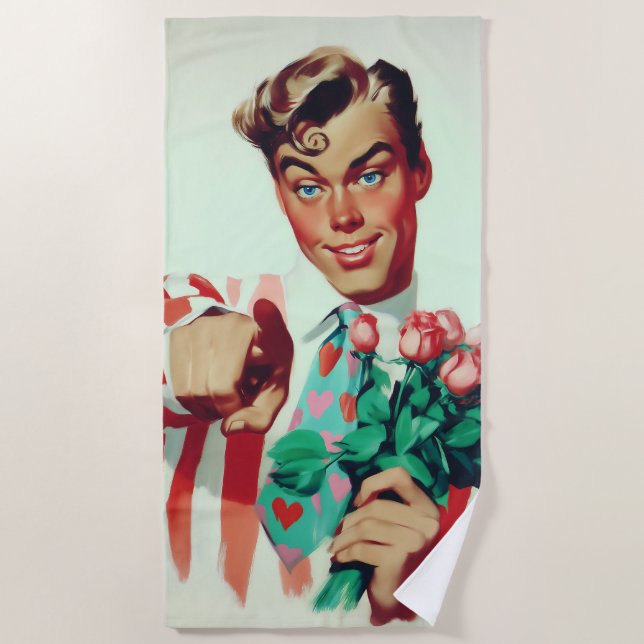Retro Valentine Flirty Guy Beach Towel (Front)