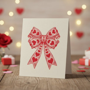 Retro Valentine Heart Coquette Bow in Red Pink Holiday Card
