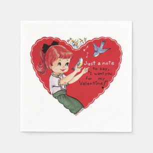 Retro Valentine Heart with Girl and Birds Paper Napkins