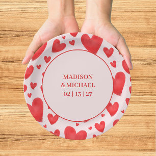 Retro Valentine Hearts Wedding Red Pink Paper Plates
