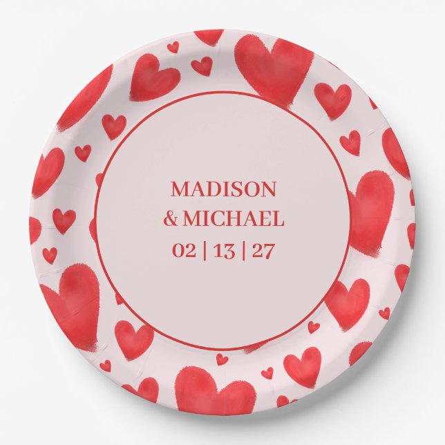 Retro Valentine Hearts Wedding Red Pink Paper Plates (Front)