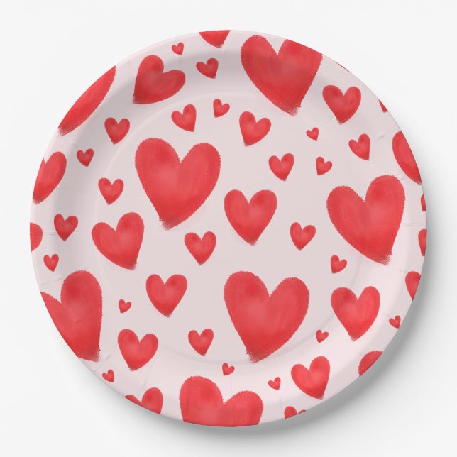 Retro Valentine Hearts Wedding Red Pink Paper Plates (Front)