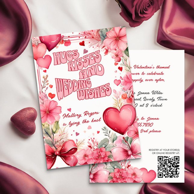 Retro Valentine Hugs Kisses Hearts and Flowers Invitation (Bridal Shower invitation from the Valentines Bridal Shower Invitation collection by Darling & May)