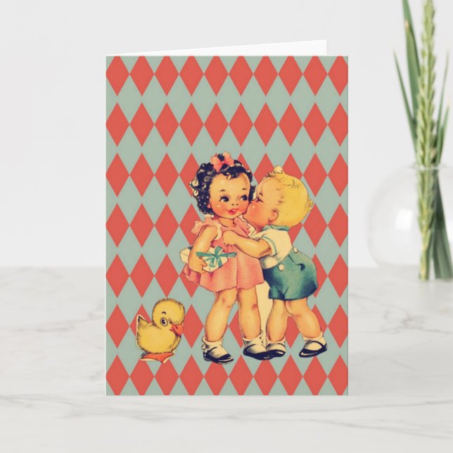 Retro Valentine Kitsch Vintage Kids Holiday Card (Front)