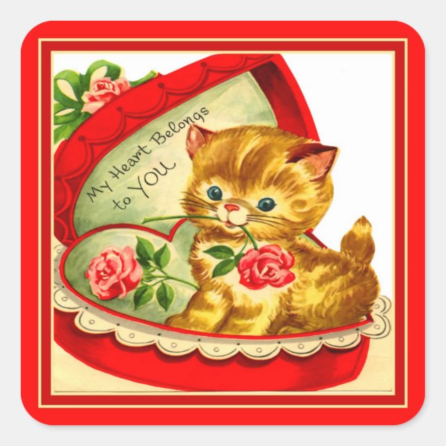 Retro Valentine ~ Kitten in a Box Sticker (Front)