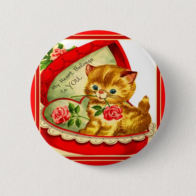 Retro Valentine ~ Kitten In a Heart-Shaped Box Pinback Button (Front)
