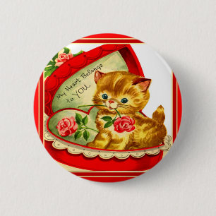 Retro Valentine ~ Kitten In a Heart-Shaped Box Pinback Button