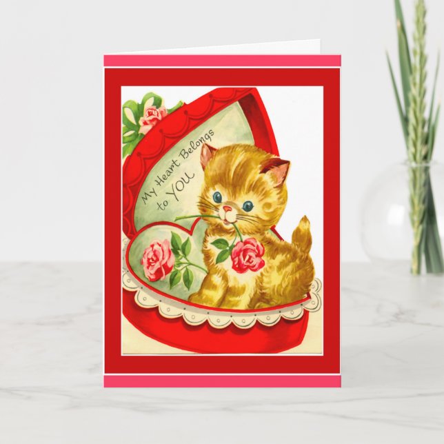 Retro Valentine ~ Kitten in Heart Shaped Box Holiday Card (Front)