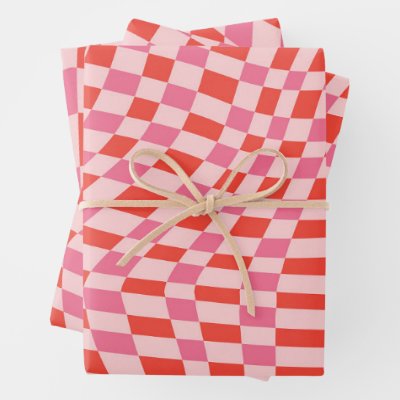 Retro Valentine Pink Red Wavy Checkerboard Cute Wrapping Paper Sheets