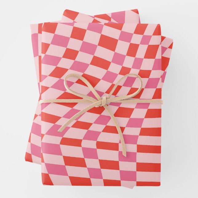 Retro Valentine Pink Red Wavy Checkerboard Cute Wrapping Paper Sheets (In situ)