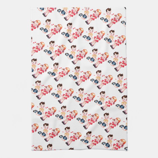Retro Valentine’s Girl & Boy Kitchen Towel (Vertical)