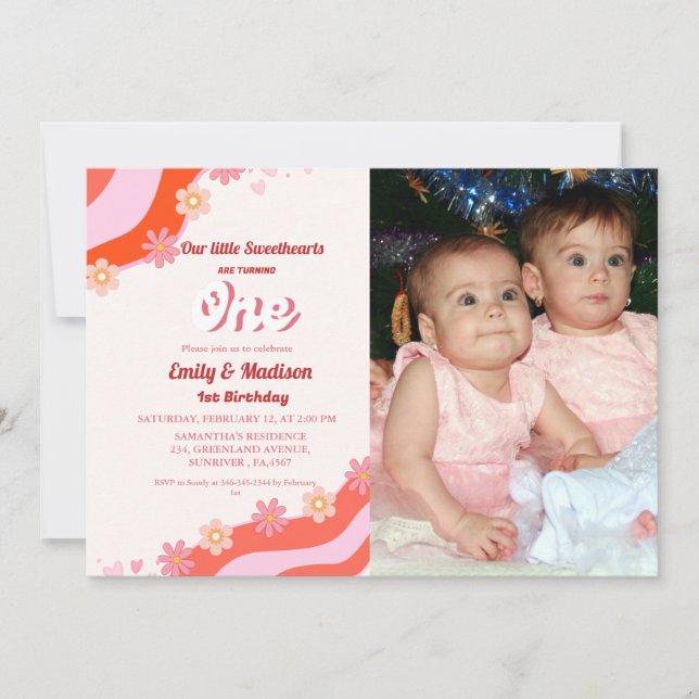 Retro Valentine Sweetheart Joint First Birthday  Invitation (Front)