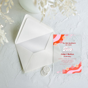 Retro Valentine Sweetheart  Twin 2nd Birthday  Acrylic Invitations
