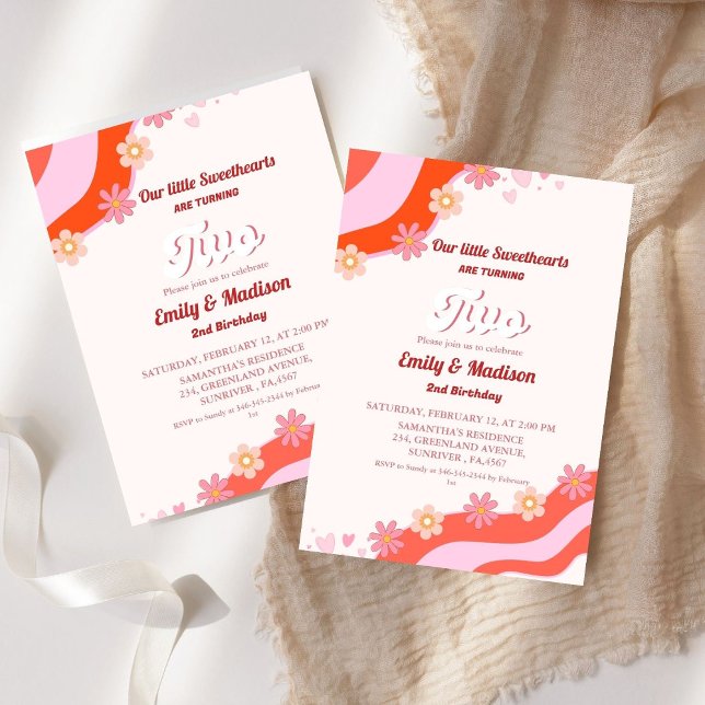 Retro Valentine Sweetheart  Twin 2nd Birthday  Invitation (Creator Uploaded)