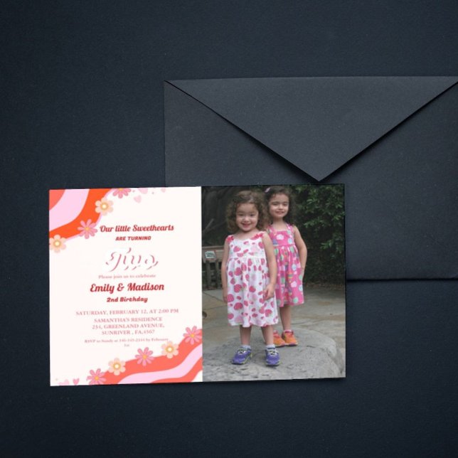 Retro Valentine Sweetheart  Twin 2nd Birthday  Invitation (Creator Uploaded)