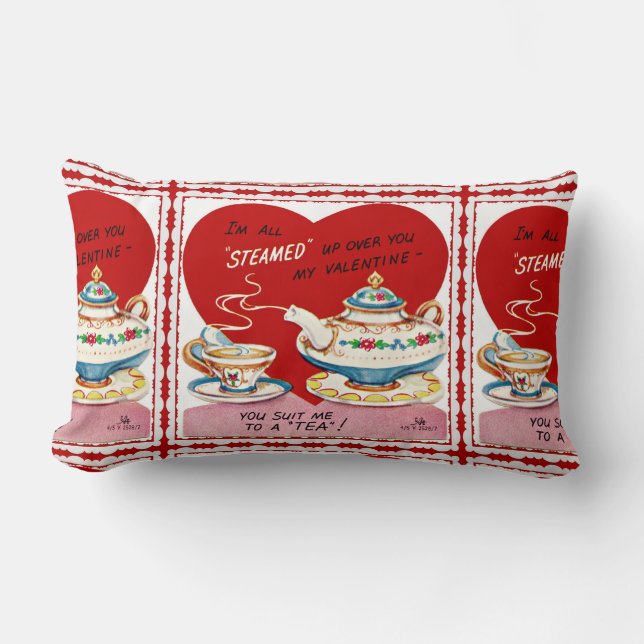Retro Valentine Tea Cup and Teapot Lumbar Pillow (Front)