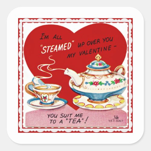 Retro Valentine Tea Cup and Teapot Square Sticker