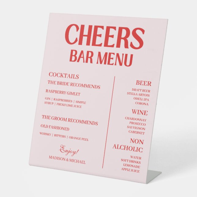 Retro Valentine Wedding Red Pink Bar Menu Pedestal Sign (Front)