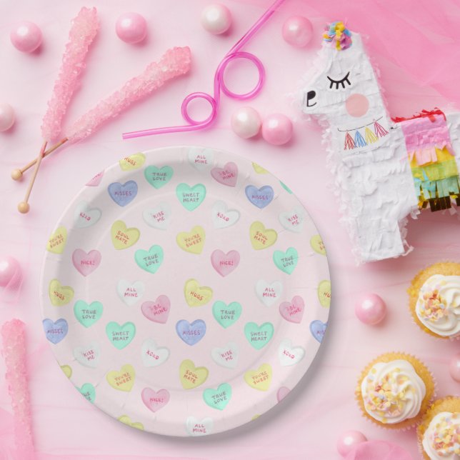 Retro Valentine's Day Candy Hearts on Baby Pink Paper Plates (Party)