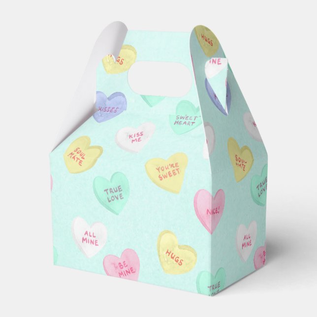 Retro Valentine's Day Candy Hearts on Teal Favor Boxes (Front Side)