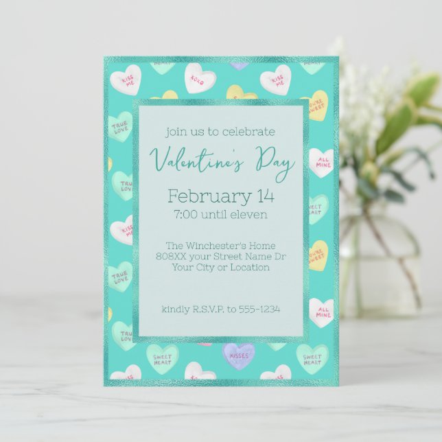 Retro Valentine's Day Candy Hearts on Teal Invitation (Standing Front)