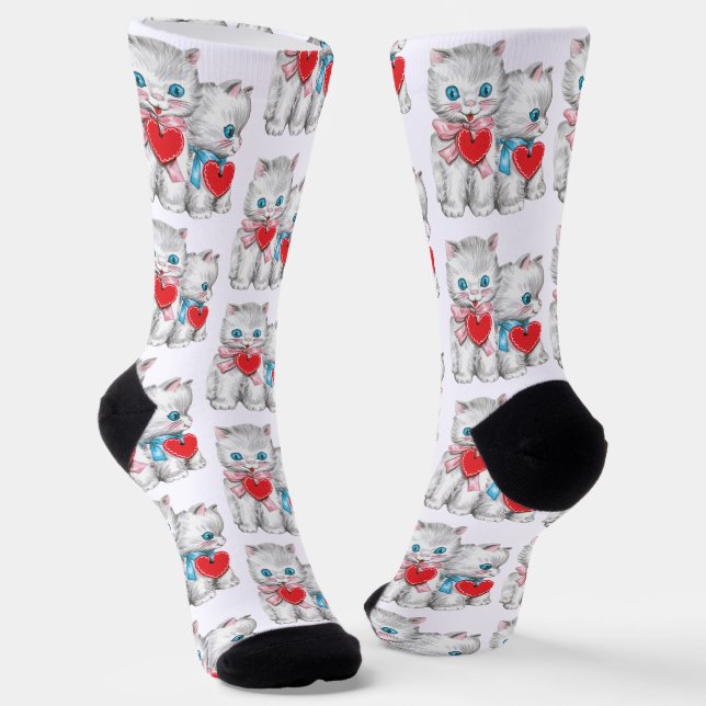 Retro Valentine's Day Cats, Vintage Cute Kitten Socks (Angled)