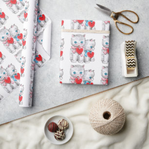 Retro Valentine's Day Cats, Vintage Cute Kitten Wrapping Paper
