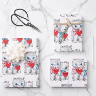 Retro Valentine's Day Cats, Vintage Cute Kitten Wrapping Paper Sheets