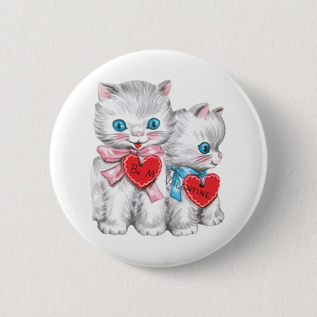 Retro Valentine's Day Cats, Vintage Fluffy Kittens Button (Front)