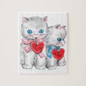 Retro Valentine's Day Cats, Vintage Fluffy Kittens Jigsaw Puzzle