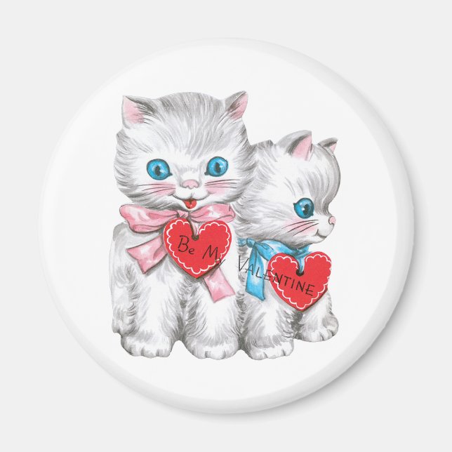 Retro Valentine's Day Cats, Vintage Fluffy Kittens Magnet (Front)
