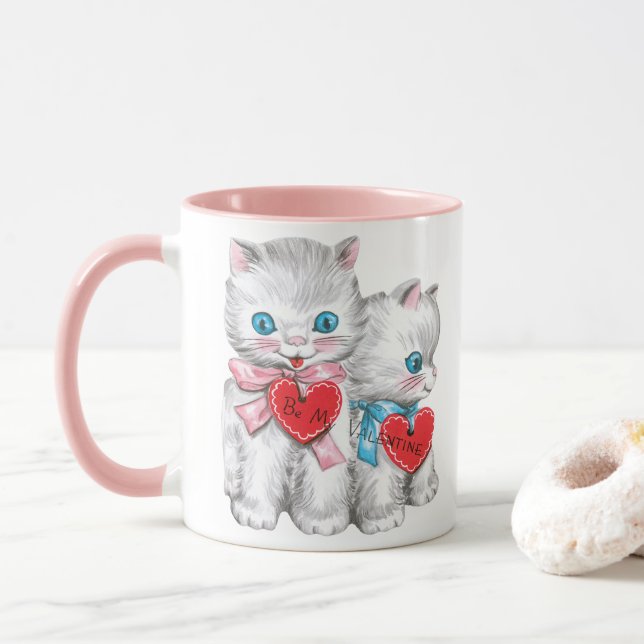 Retro Valentine's Day Cats, Vintage Fluffy Kittens Mug (With Donut)