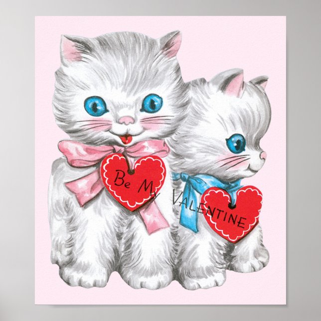 Retro Valentine's Day Cats, Vintage Fluffy Kittens Poster (Front)