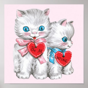 Retro Valentine's Day Cats, Vintage Fluffy Kittens Poster