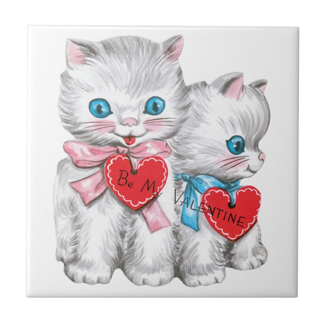 Retro Valentine's Day Cats, Vintage Fluffy Kittens Tile (Front)