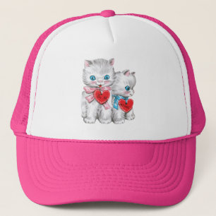 Retro Valentine's Day Cats, Vintage Fluffy Kittens Trucker Hat