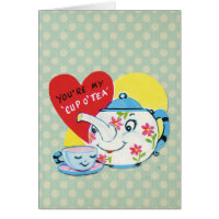 Retro Valentines Day Cute Tea Set Blue Polka Dots Card