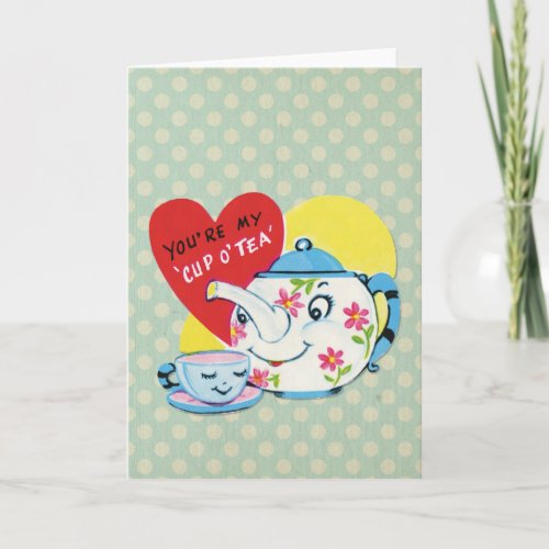 Retro Valentines Day Cute Tea Set Blue Polka Dots Holiday Card
