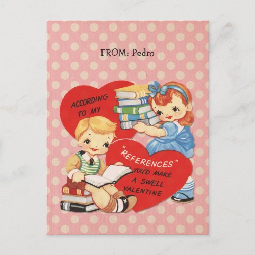Retro Valentines Day Kids Books Pink Polka Dots Holiday Postcard