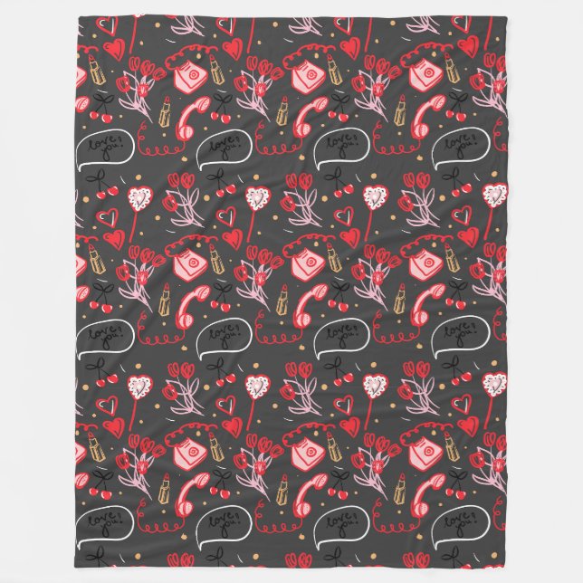 Retro Valentine's Day Love Doodles Fleece Blanket (Front)