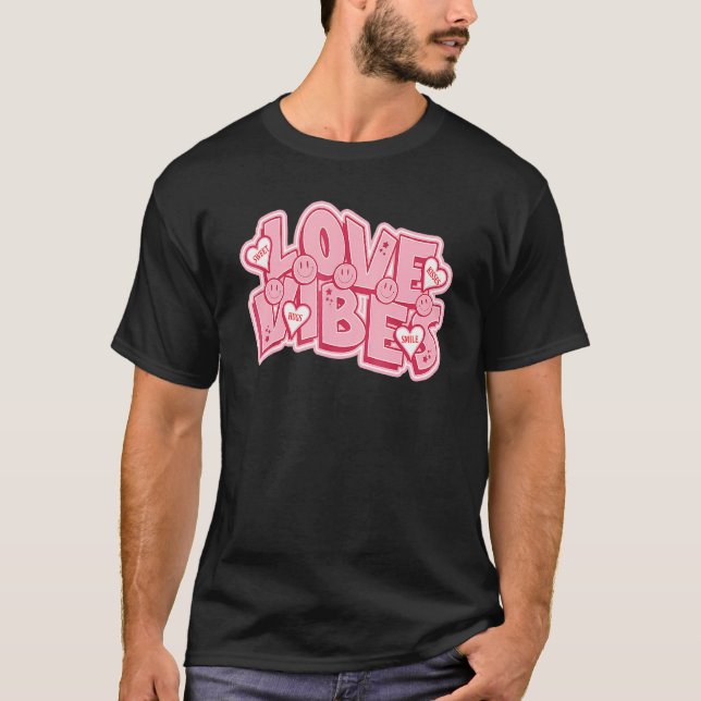 Retro Valentine's Day Love Vibes Happy Face Pink H T-Shirt (Front)