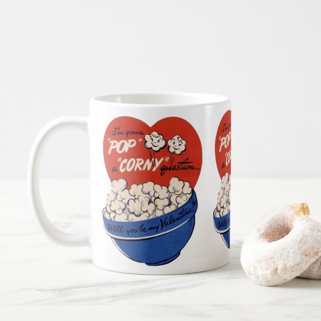 Retro Valentines Day, Popcorn Pop a Corny Question Coffee Mug (With Donut)
