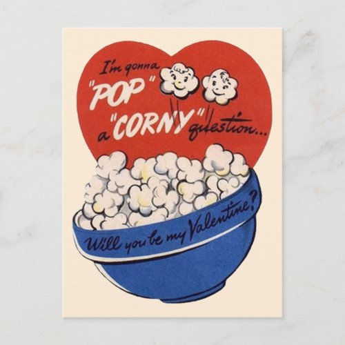 Retro Valentines Day Popcorn Pop a Corny Question Holiday Postcard