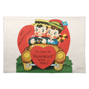 Retro Valentine's Day, Vintage Boy and Girl in Car Cloth Placemat