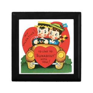 Retro Valentine's Day, Vintage Boy and Girl in Car Jewelry Box
