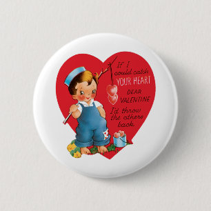 Retro Valentine's Day, Vintage Boy Fishing Hearts Button