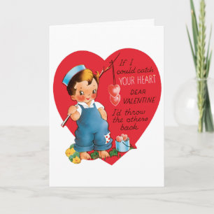 Retro Valentine's Day, Vintage Boy Fishing Hearts Holiday Card