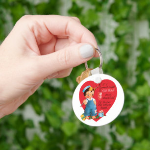 Retro Valentine's Day, Vintage Boy Fishing Hearts Keychain